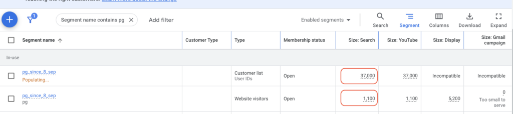 Google Ads screenshot of audiences that shows CustomerLabs first party audience has higher match rates compared to Google Ads pixel audience